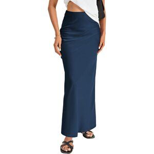 Women's Solid Dark Blue Elegant Satin Silky Waist Zipper Flowy A Line Maxi Skirt